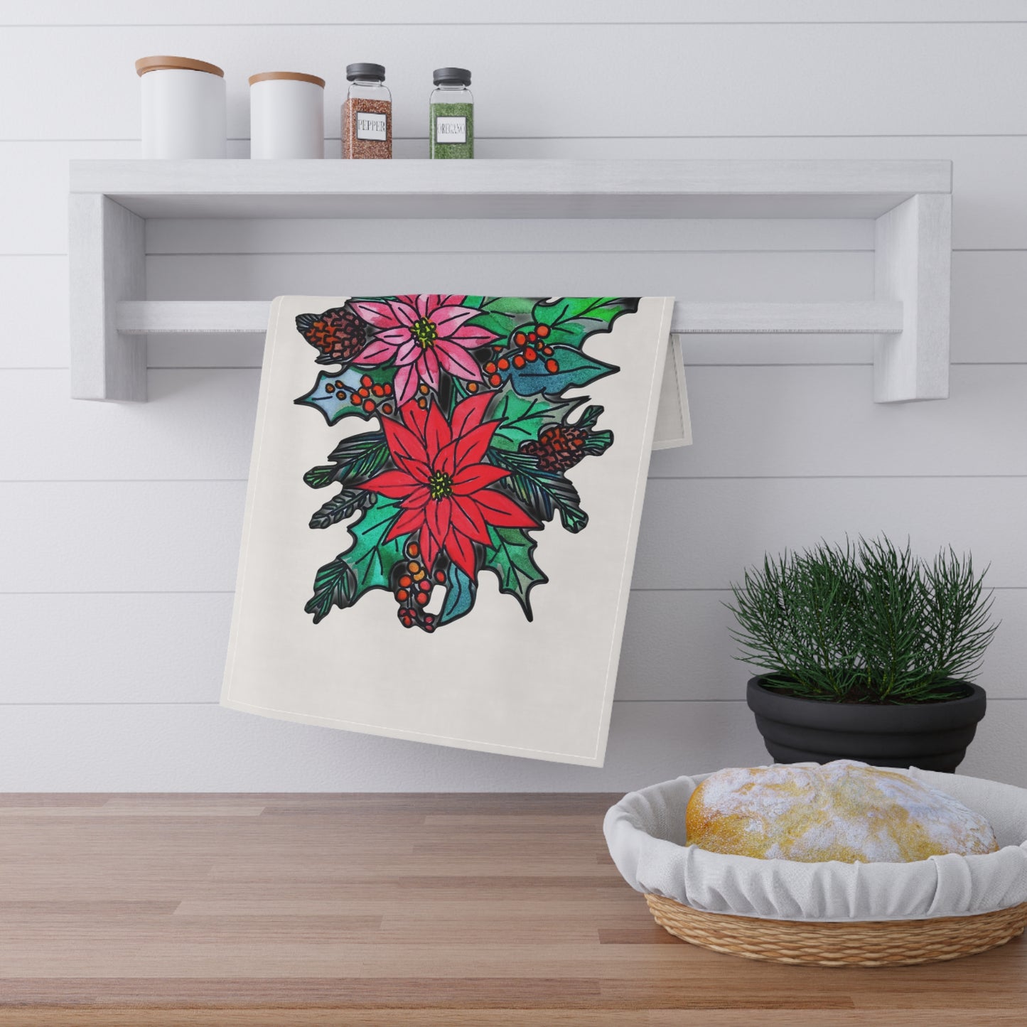 Christmas Poinsettia on a White Tea Towel (cotton)