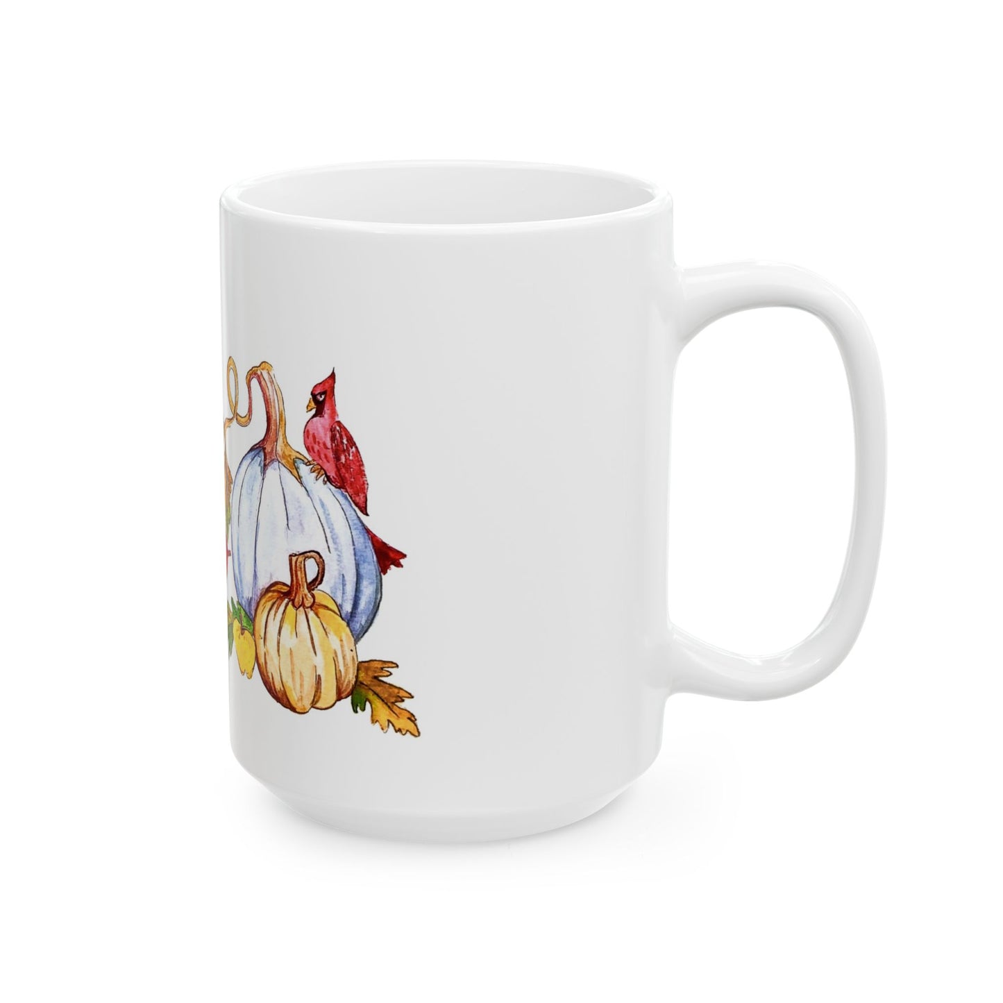 Beautiful Autumn Theme Ceramic Mug Featuring Birds in a Pumpkin Patch, (15oz)