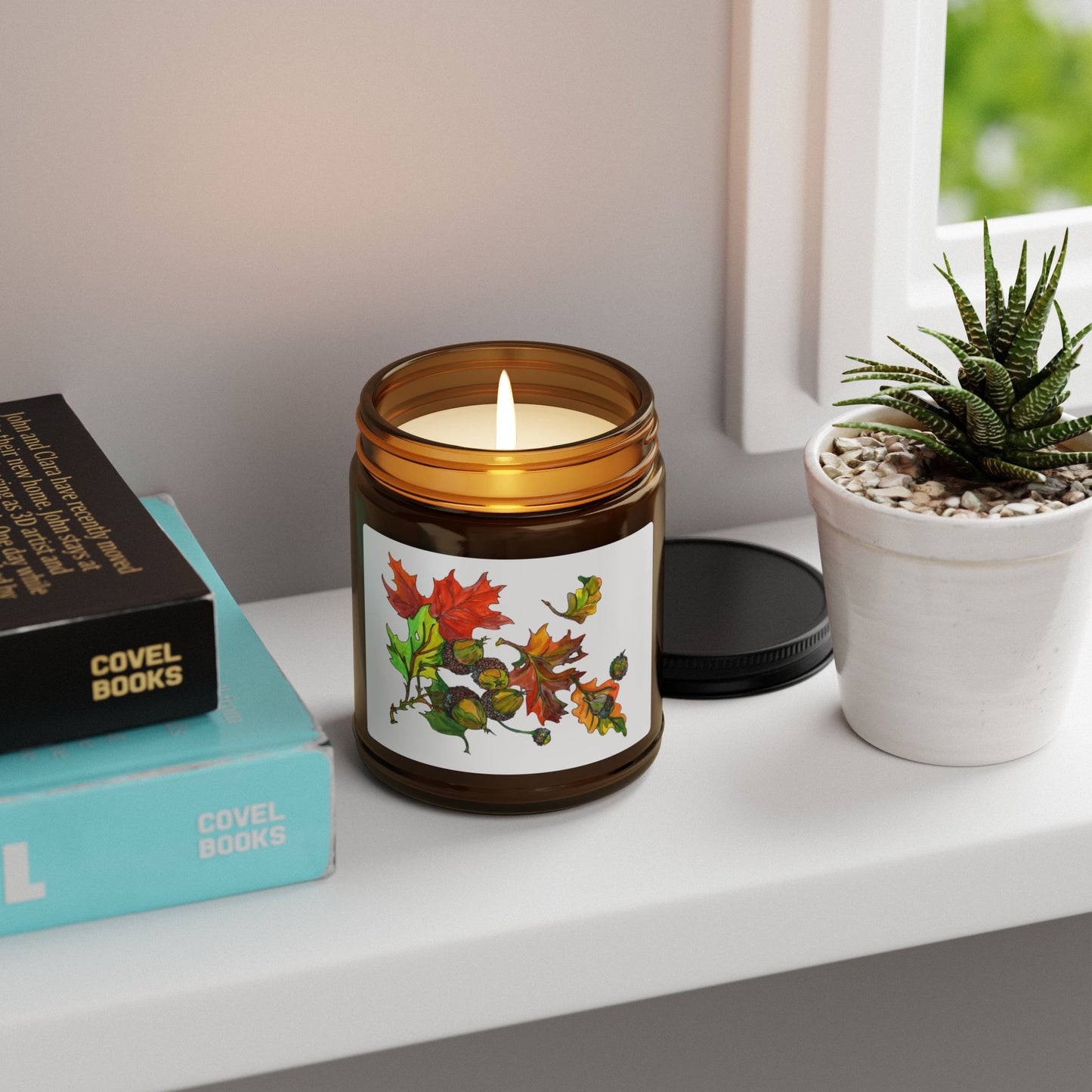 Scented Soy Candle (Amber Jar) with Beautiful Autumn Foliage Drawing