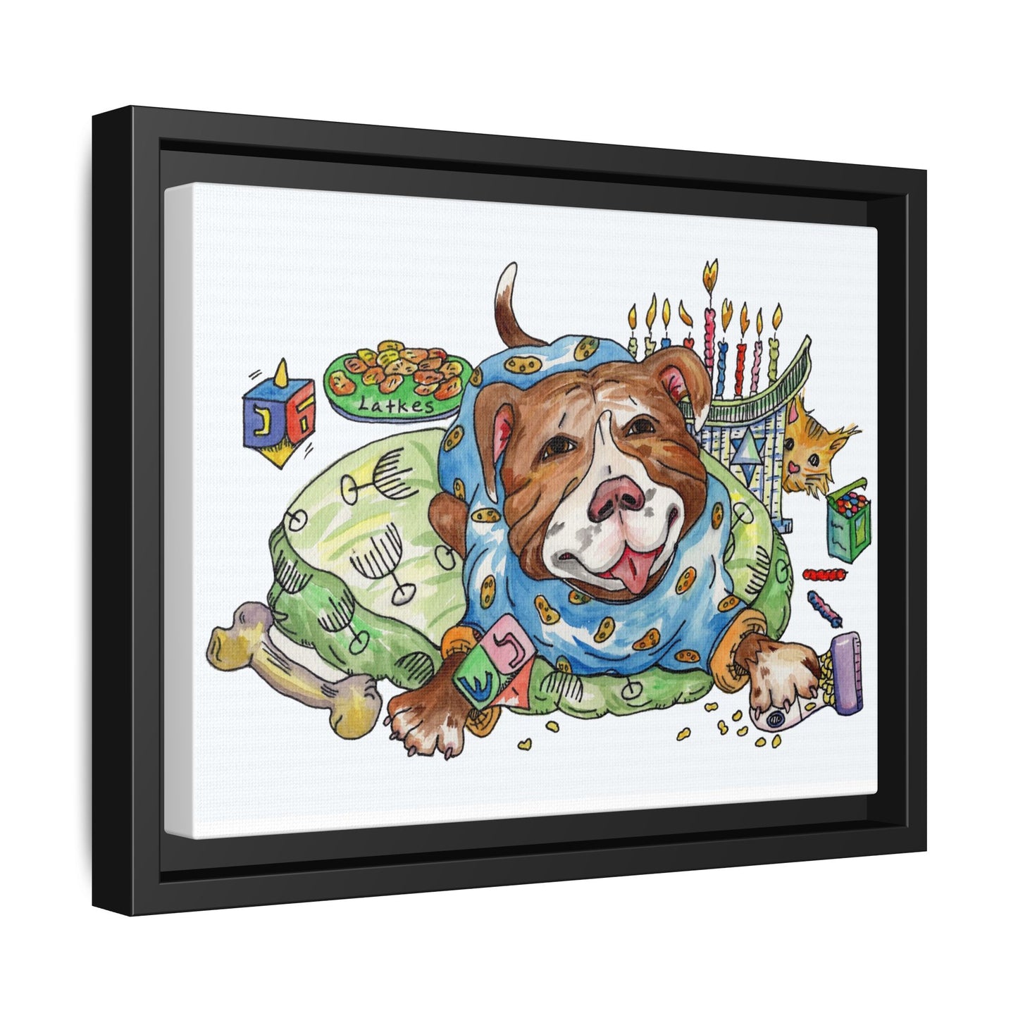 Framed Canvas Art — Playful Pitbull Chanukah Illustration