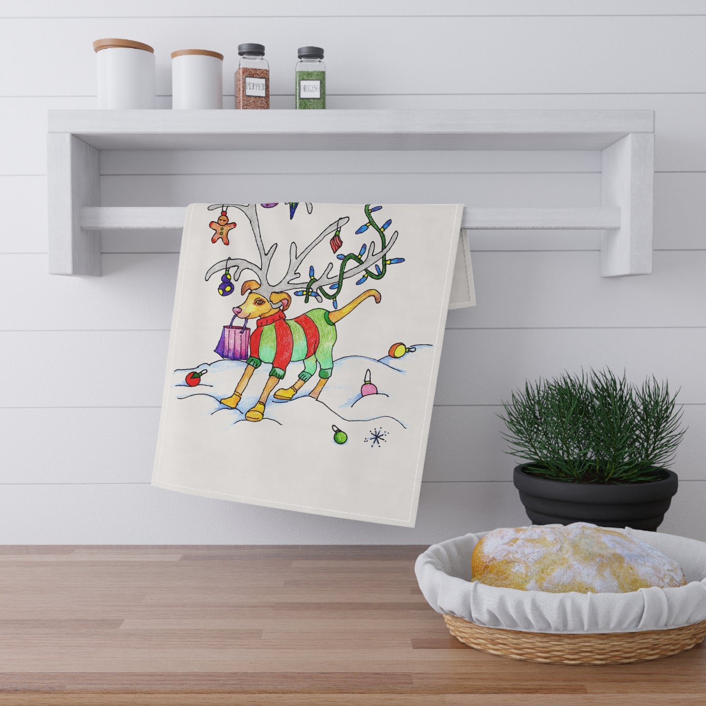 Christmas "Dog-Reindeer" on a White Tea Towel (cotton)