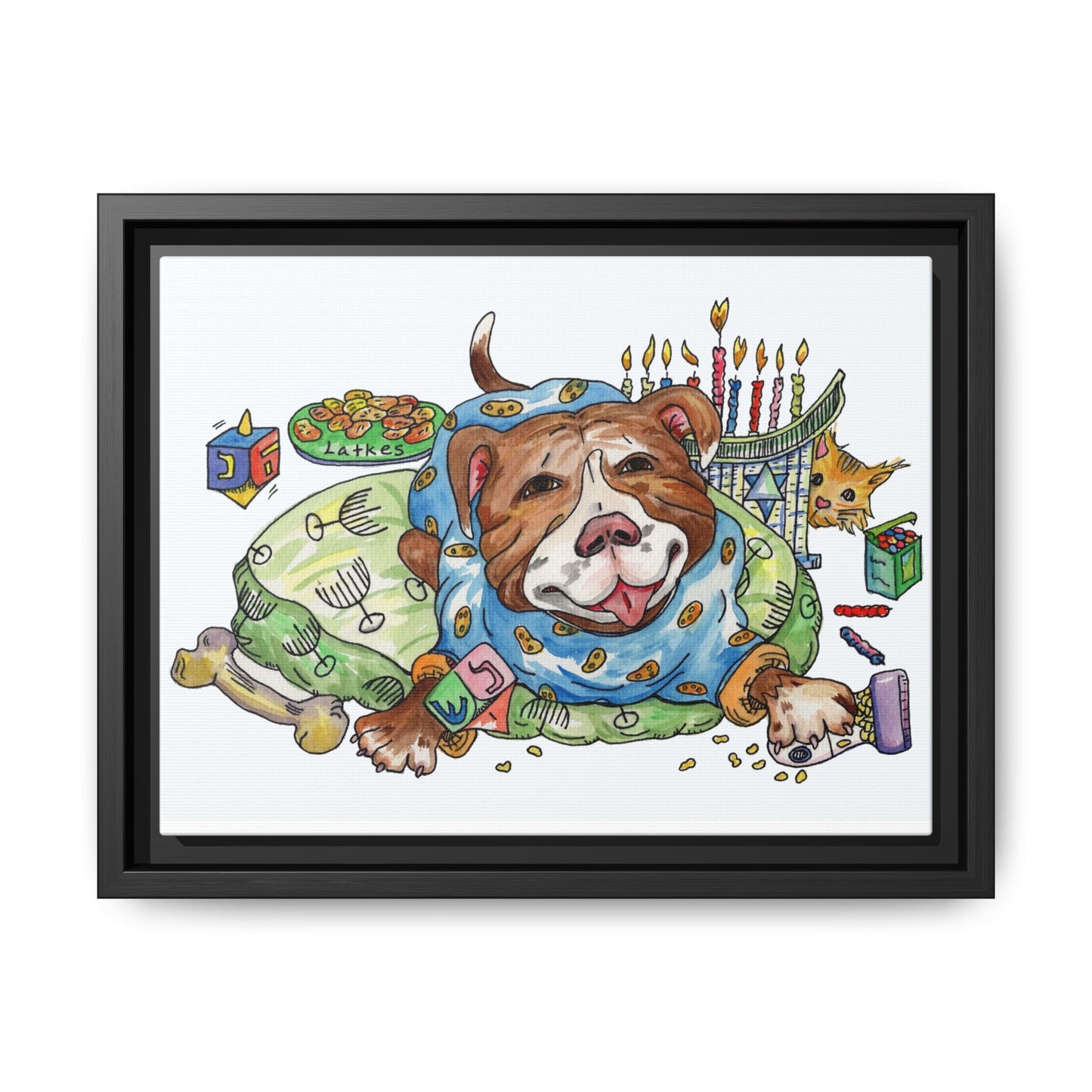 Framed Canvas Art — Playful Pitbull Chanukah Illustration