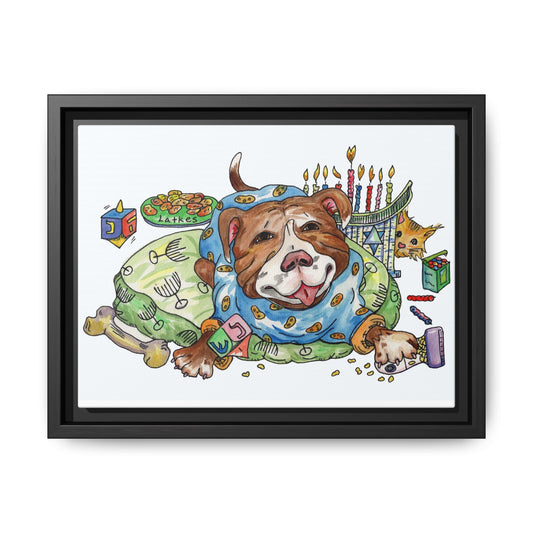 Framed Canvas Art — Playful Pitbull Chanukah Illustration