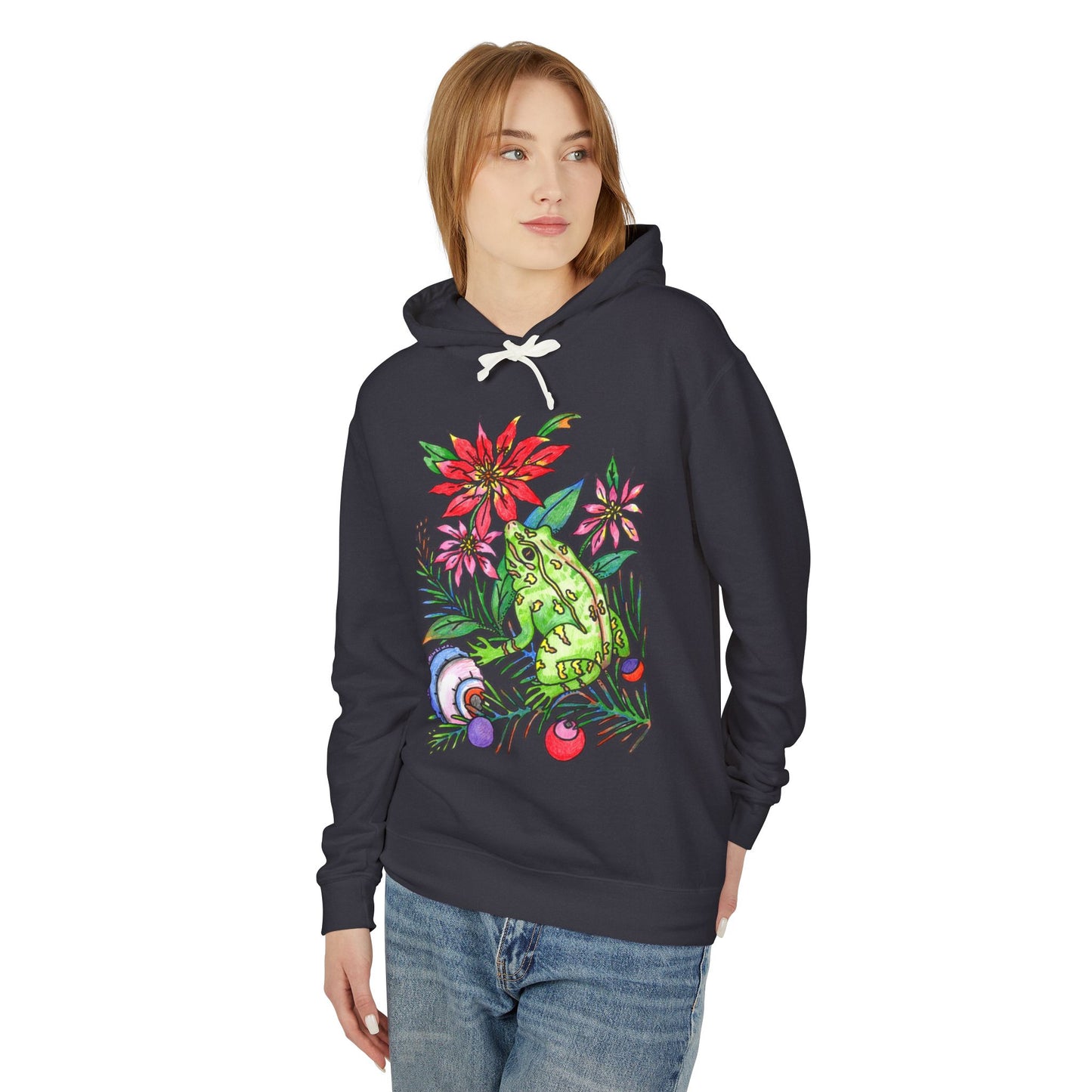 Unisex Lightweight Hooded Sweatshirt Featuring a Christmas Frog