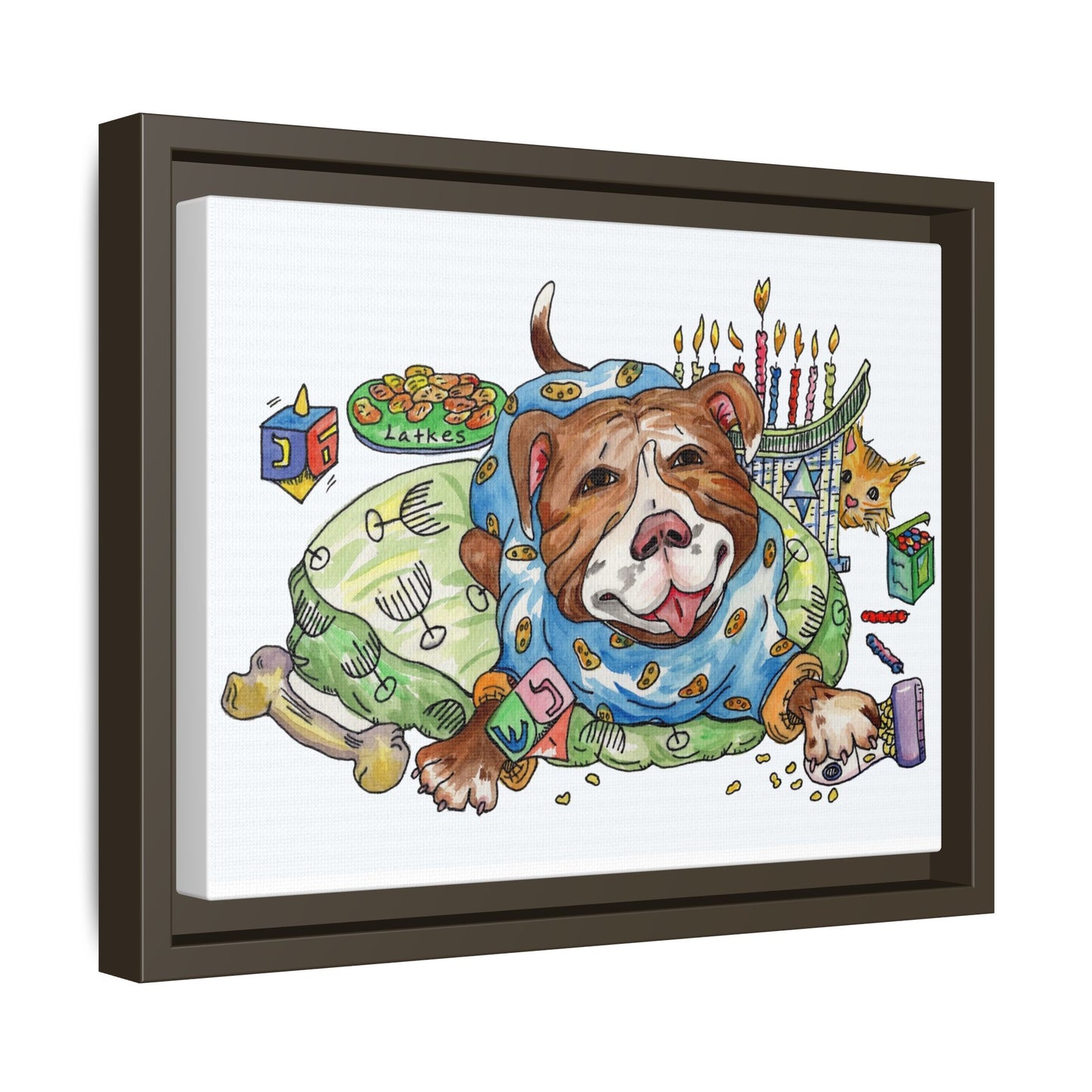 Framed Canvas Art — Playful Pitbull Chanukah Illustration