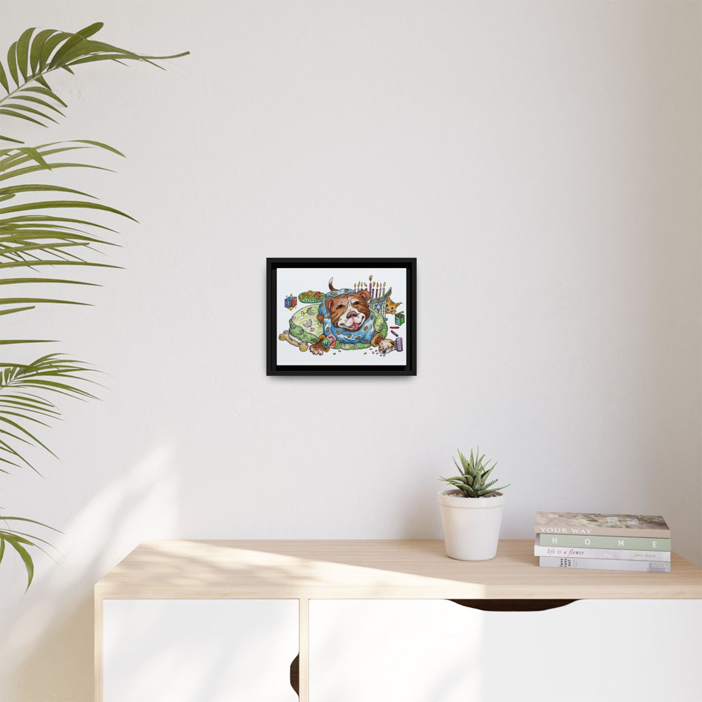Framed Canvas Art — Playful Pitbull Chanukah Illustration