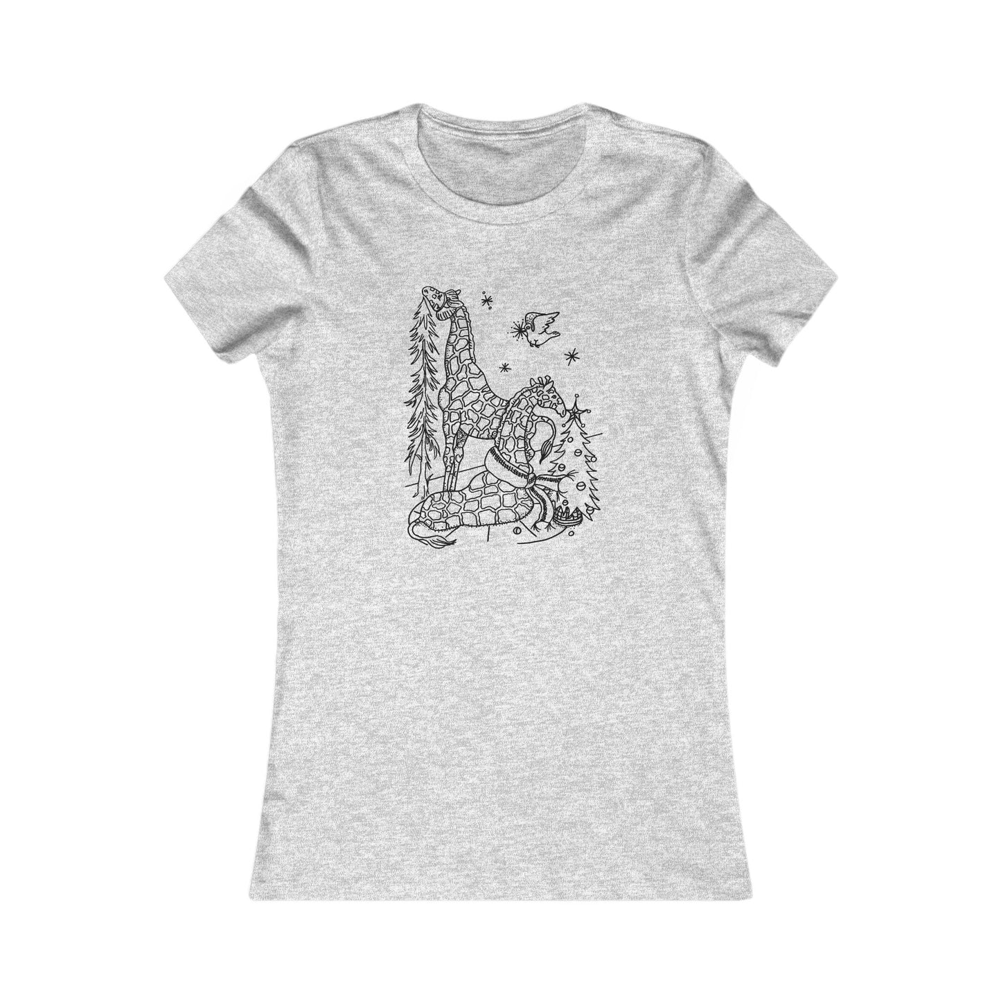 Christmas Giraffes Black-Line Picture on a Women's Favorite Tee (Christmas animal collection)