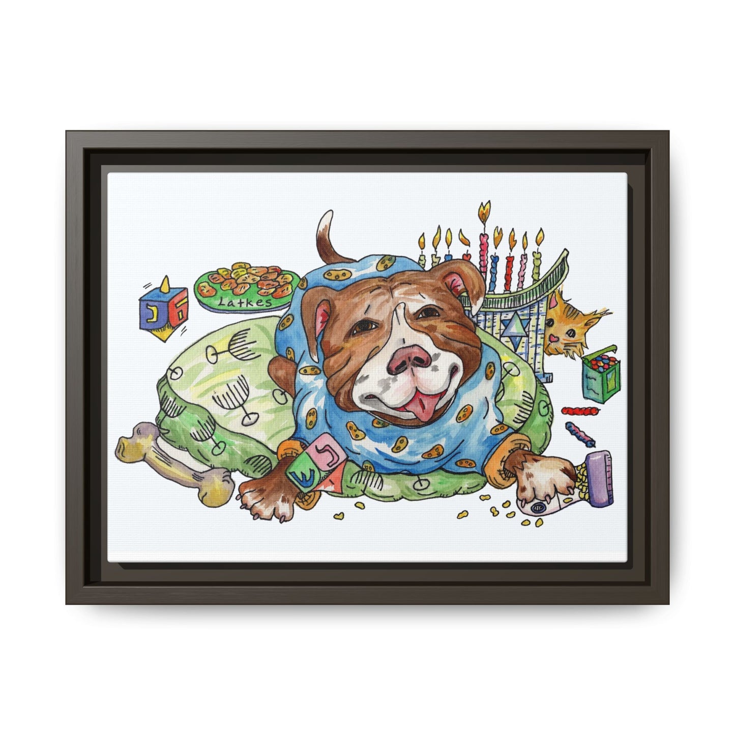 Framed Canvas Art — Playful Pitbull Chanukah Illustration