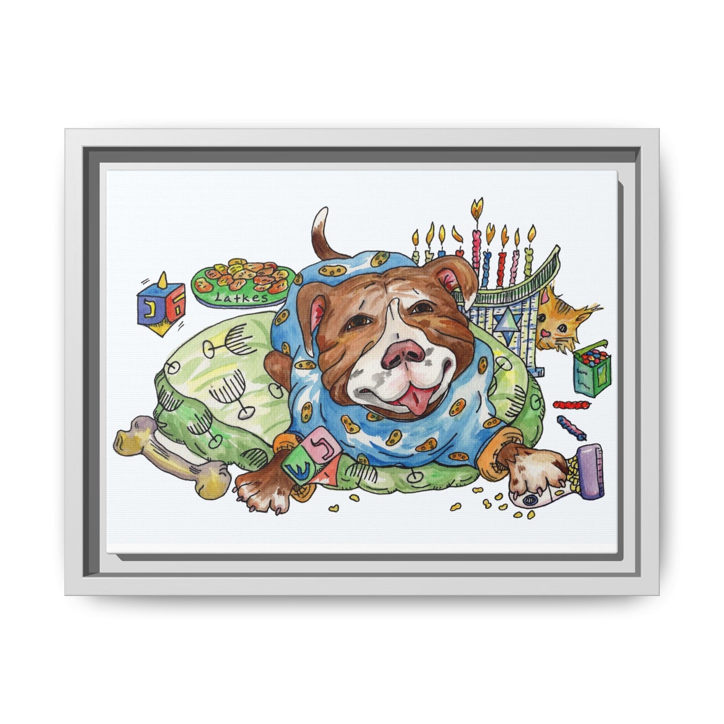 Framed Canvas Art — Playful Pitbull Chanukah Illustration
