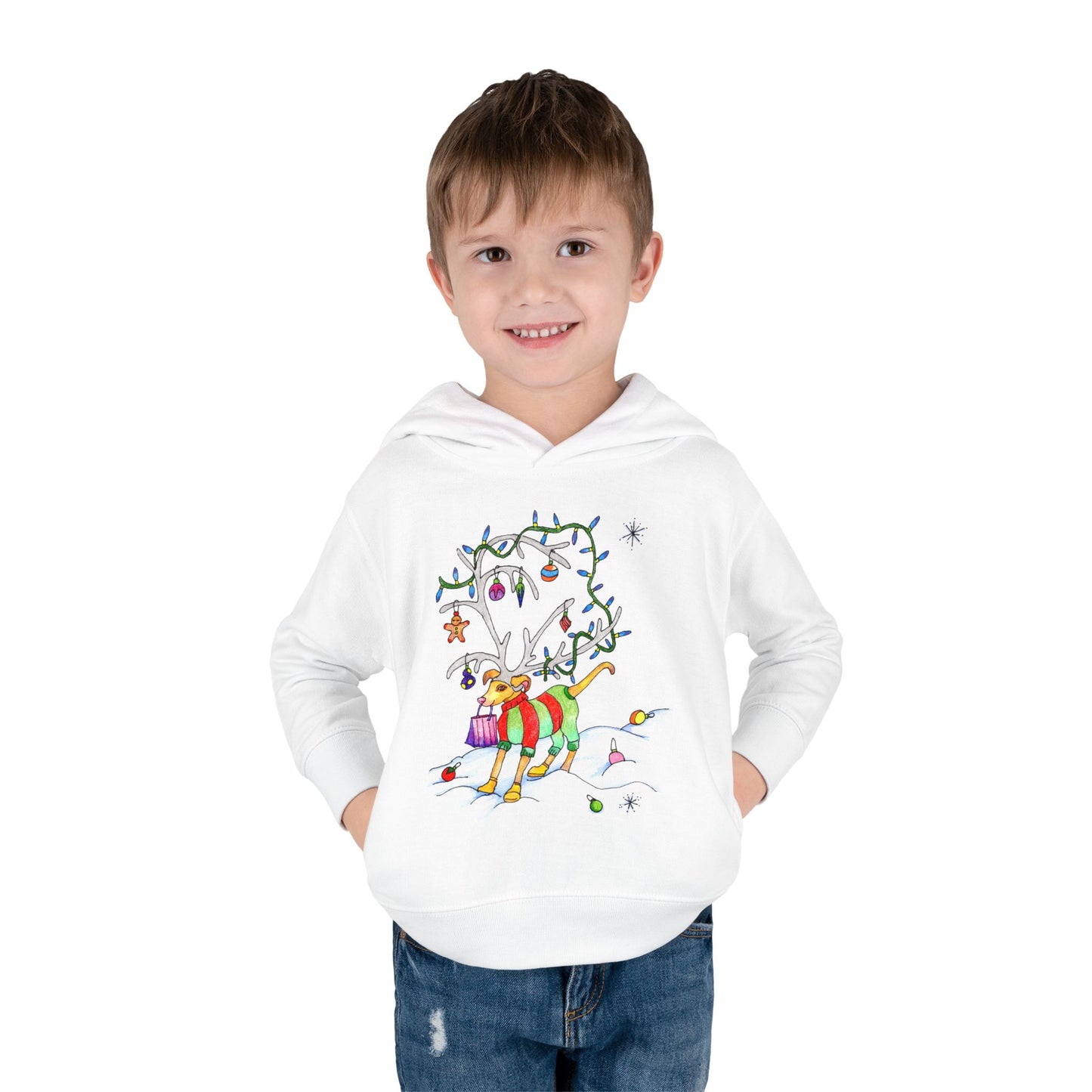 Toddler Hoodie with Colorful "Dog-Reindeer" & Holiday Lights – Cute Christmas Pullover for Kids