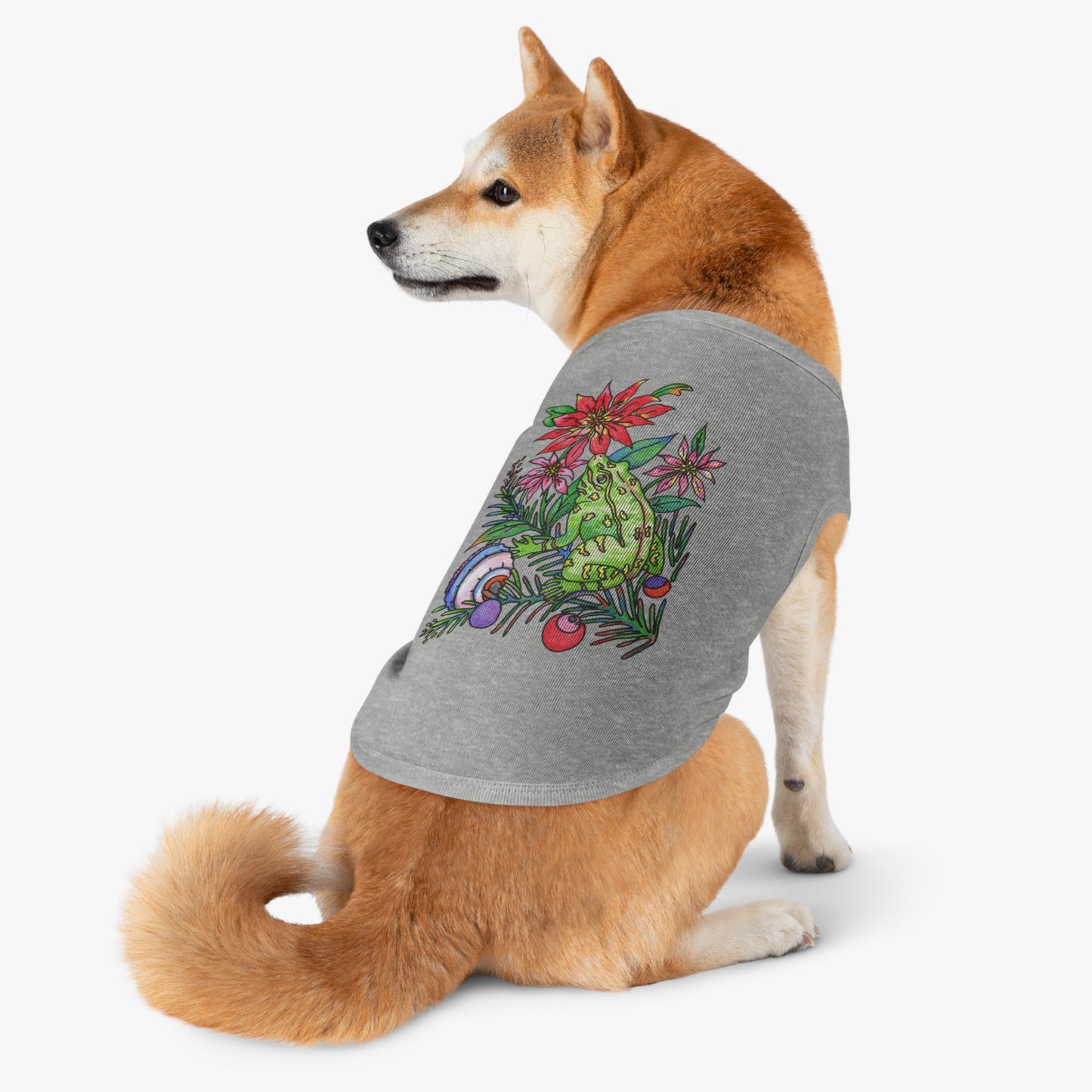 Holiday Frog Pet Tank Top — Festive Poinsettia & Ornaments