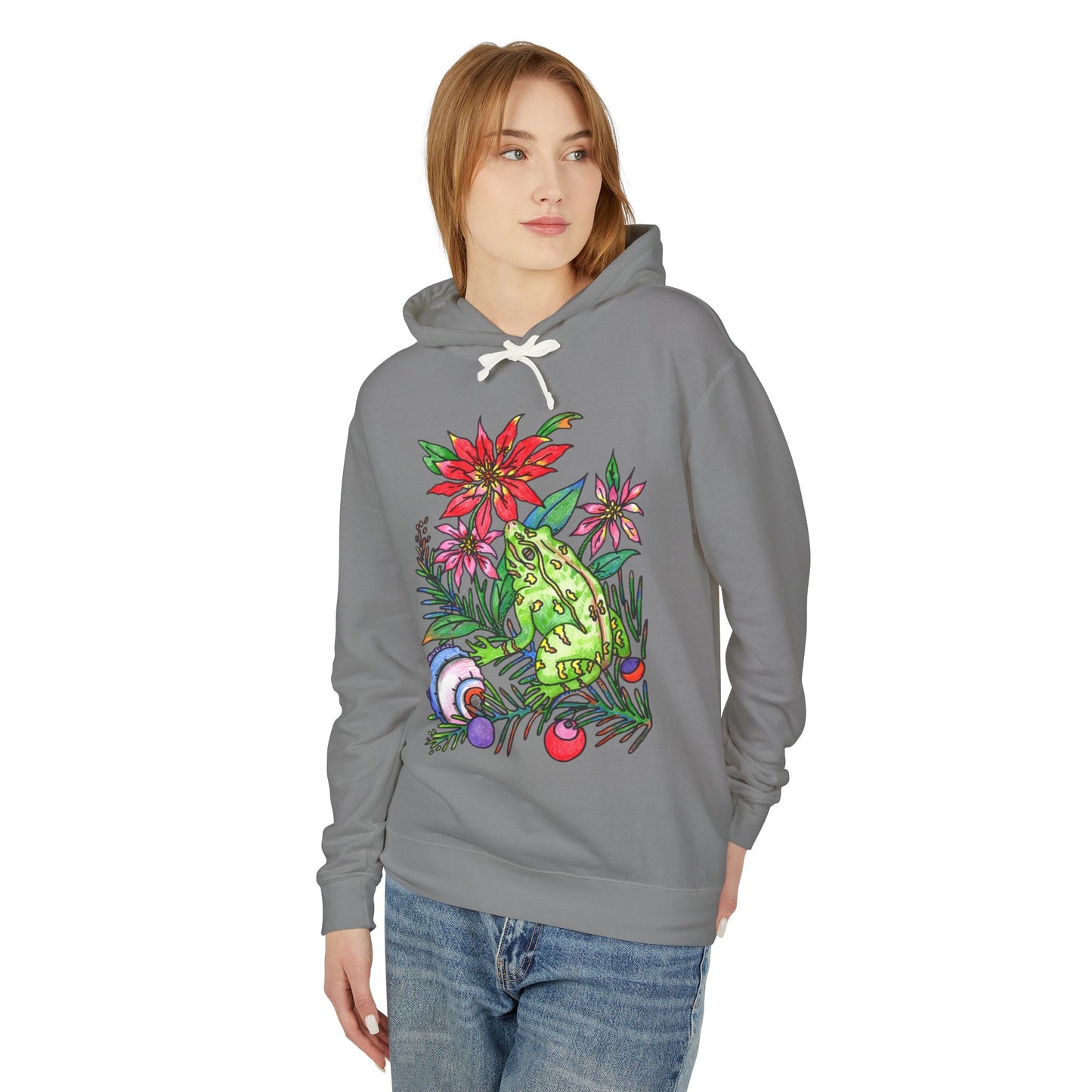 Unisex Lightweight Hooded Sweatshirt Featuring a Christmas Frog