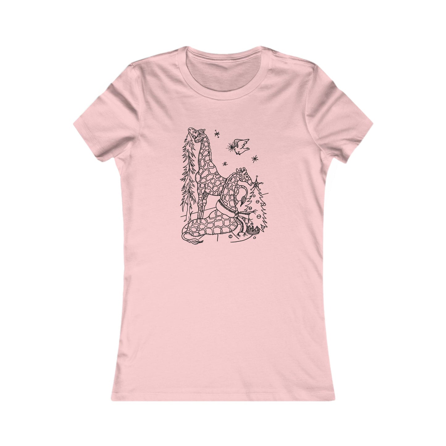 Christmas Giraffes Black-Line Picture on a Women's Favorite Tee (Christmas animal collection)