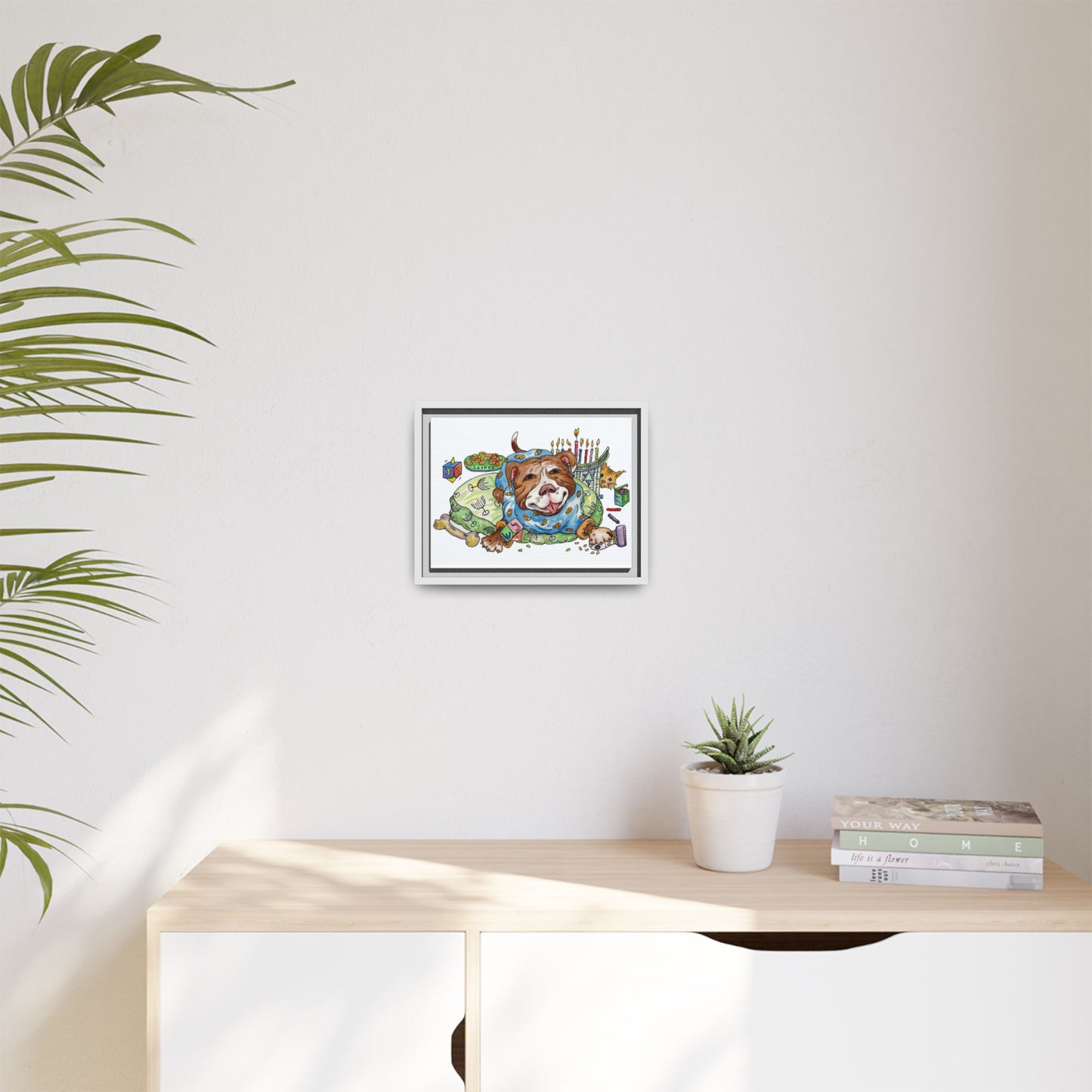 Framed Canvas Art — Playful Pitbull Chanukah Illustration