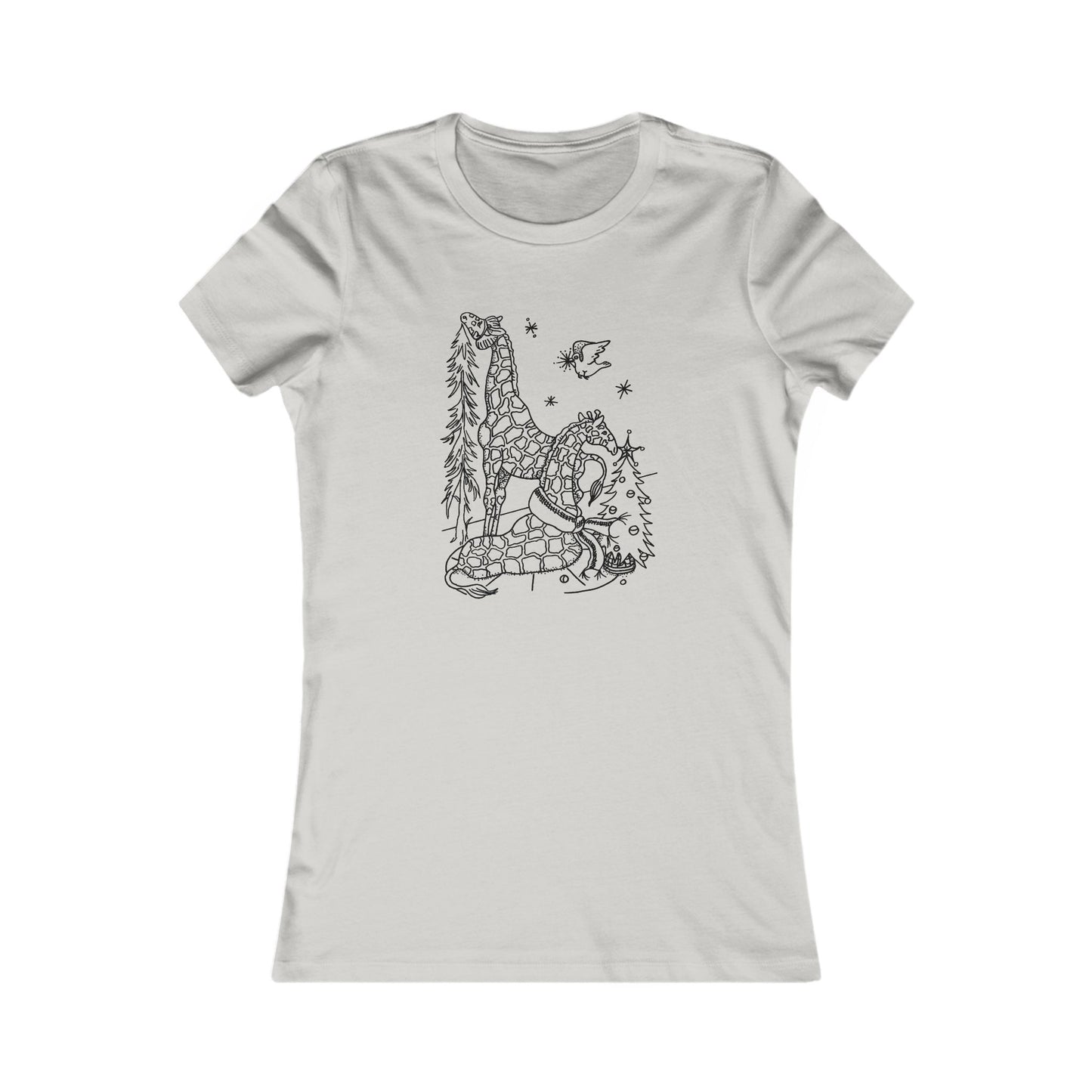 Christmas Giraffes Black-Line Picture on a Women's Favorite Tee (Christmas animal collection)