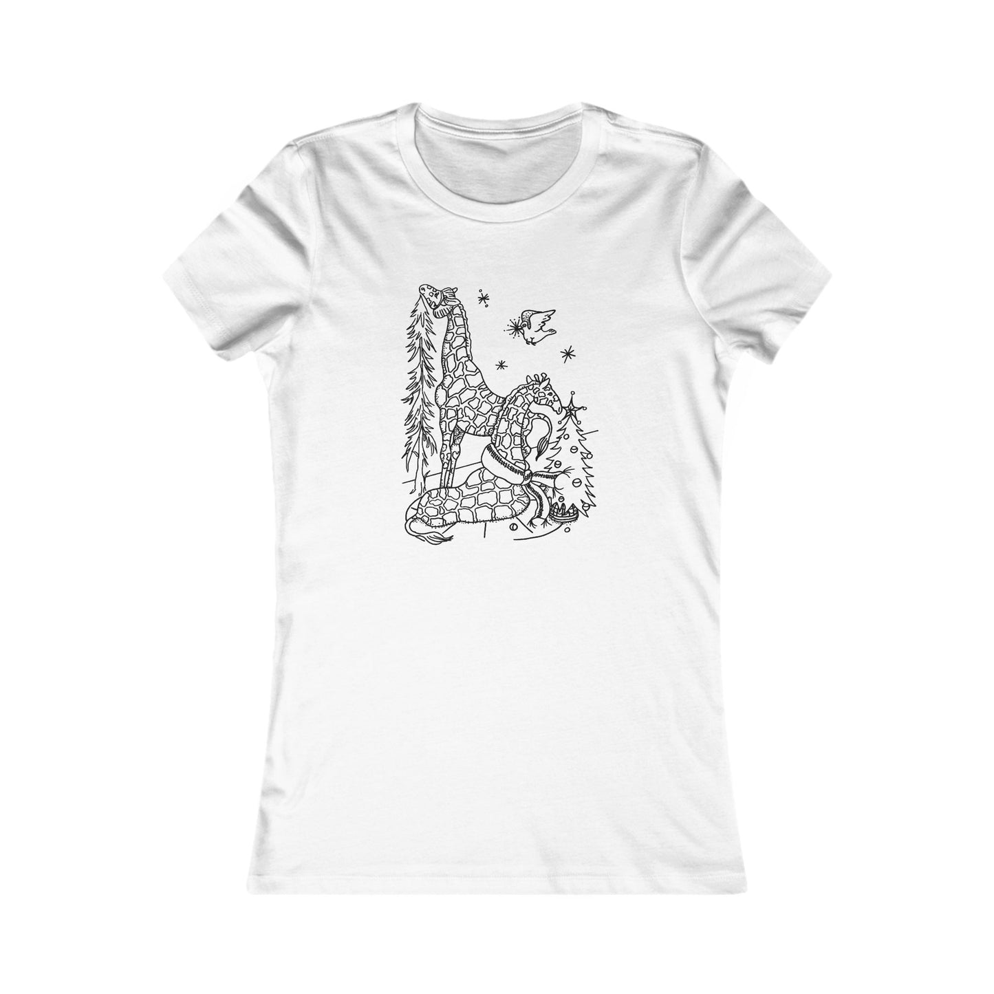 Christmas Giraffes Black-Line Picture on a Women's Favorite Tee (Christmas animal collection)