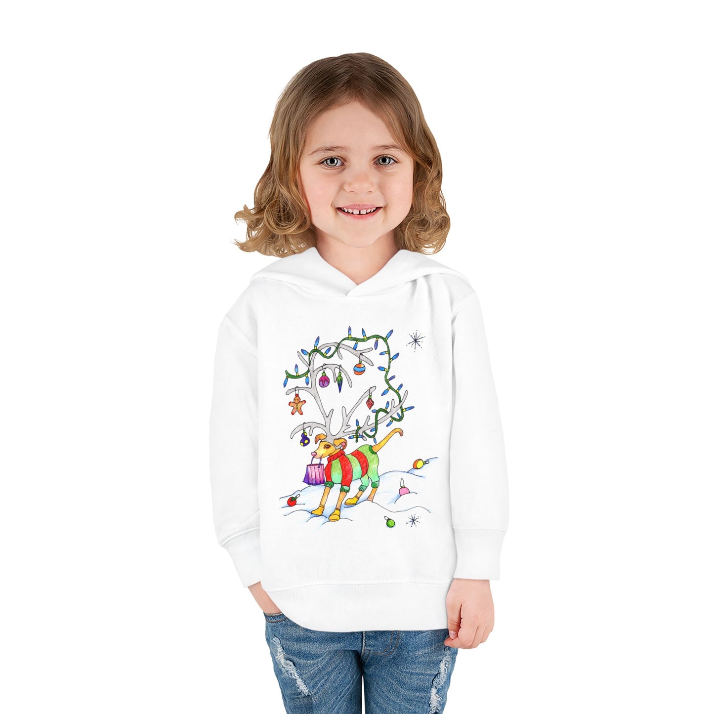Toddler Hoodie with Colorful "Dog-Reindeer" & Holiday Lights – Cute Christmas Pullover for Kids